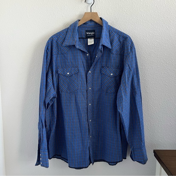 Wrangler Men's Blue Western Long Sleeve Check Square Print Shirt XXL - Picture 1 of 7